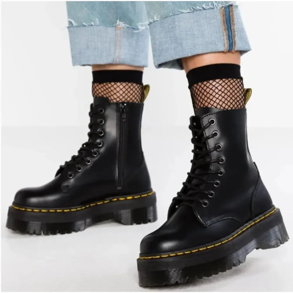 Dr. Martens Black Jadon Platform Combat Boots Smooth Leather Punk Grunge Unisex